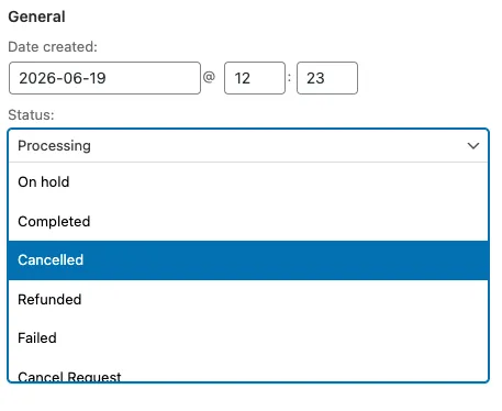 Ενδεικτικό: status Cancelled στο dropdown επιλογής